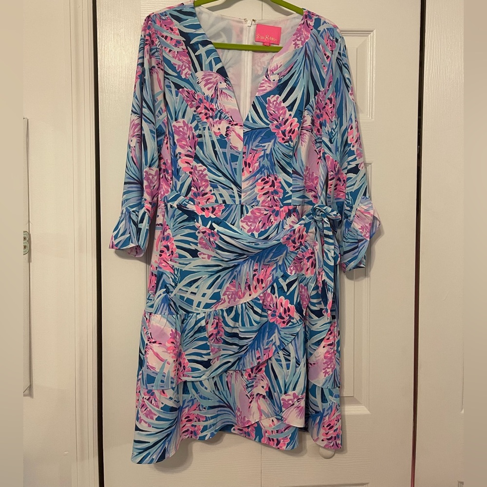 Lilly Pulitzer XL Dress Laeda Stretch Mr Peacock Blue Tweethearts Palm